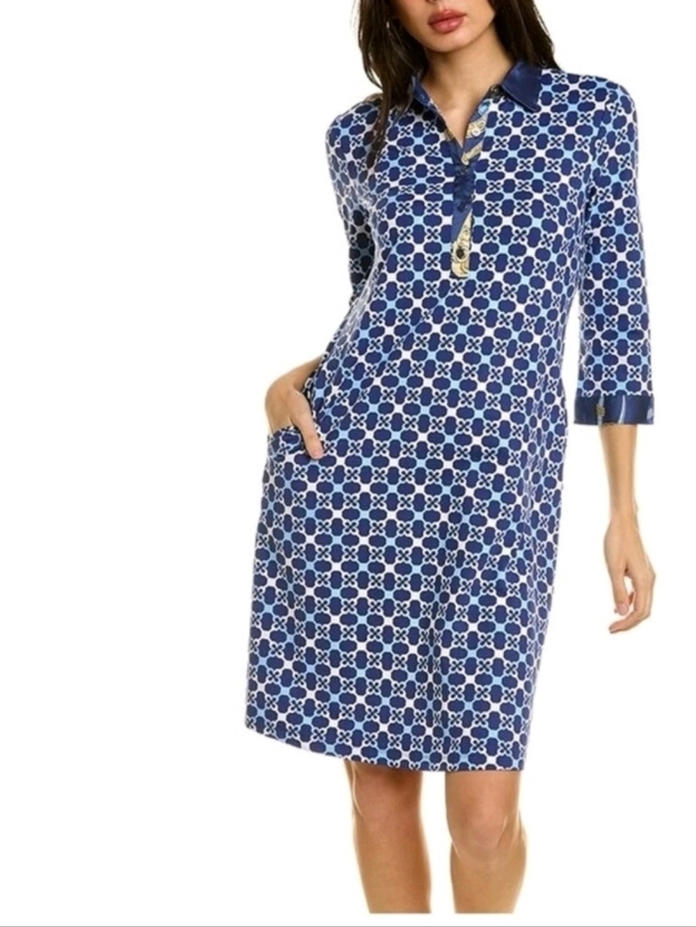 J McLaughlin Blue Geometric Long Sleeve Dress.